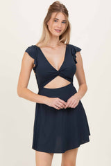 Navy Ribbed Ruffle Twist Front Maternity Swim Dress