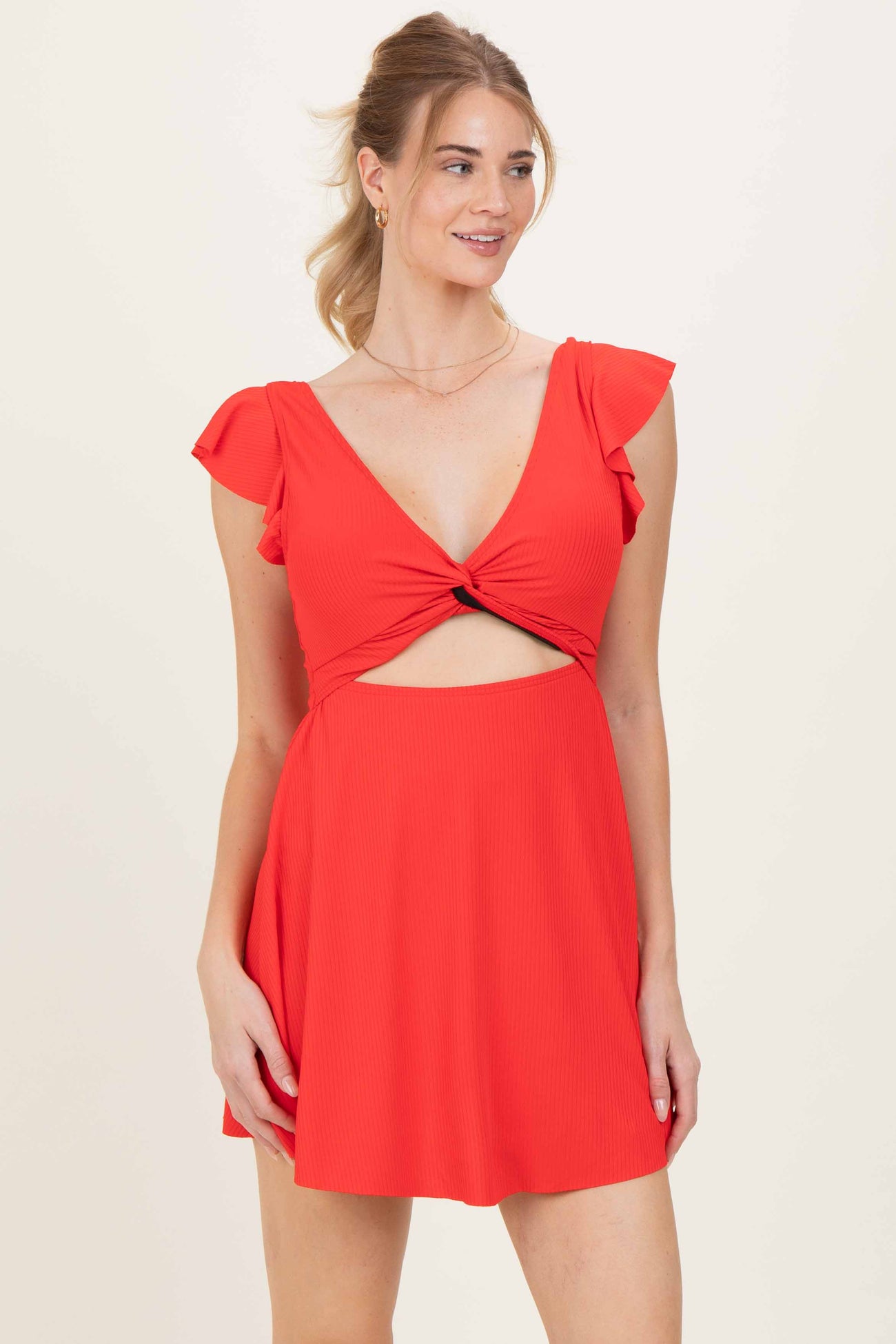 Red Ribbed Ruffle Twist Front Maternity Swim Dress