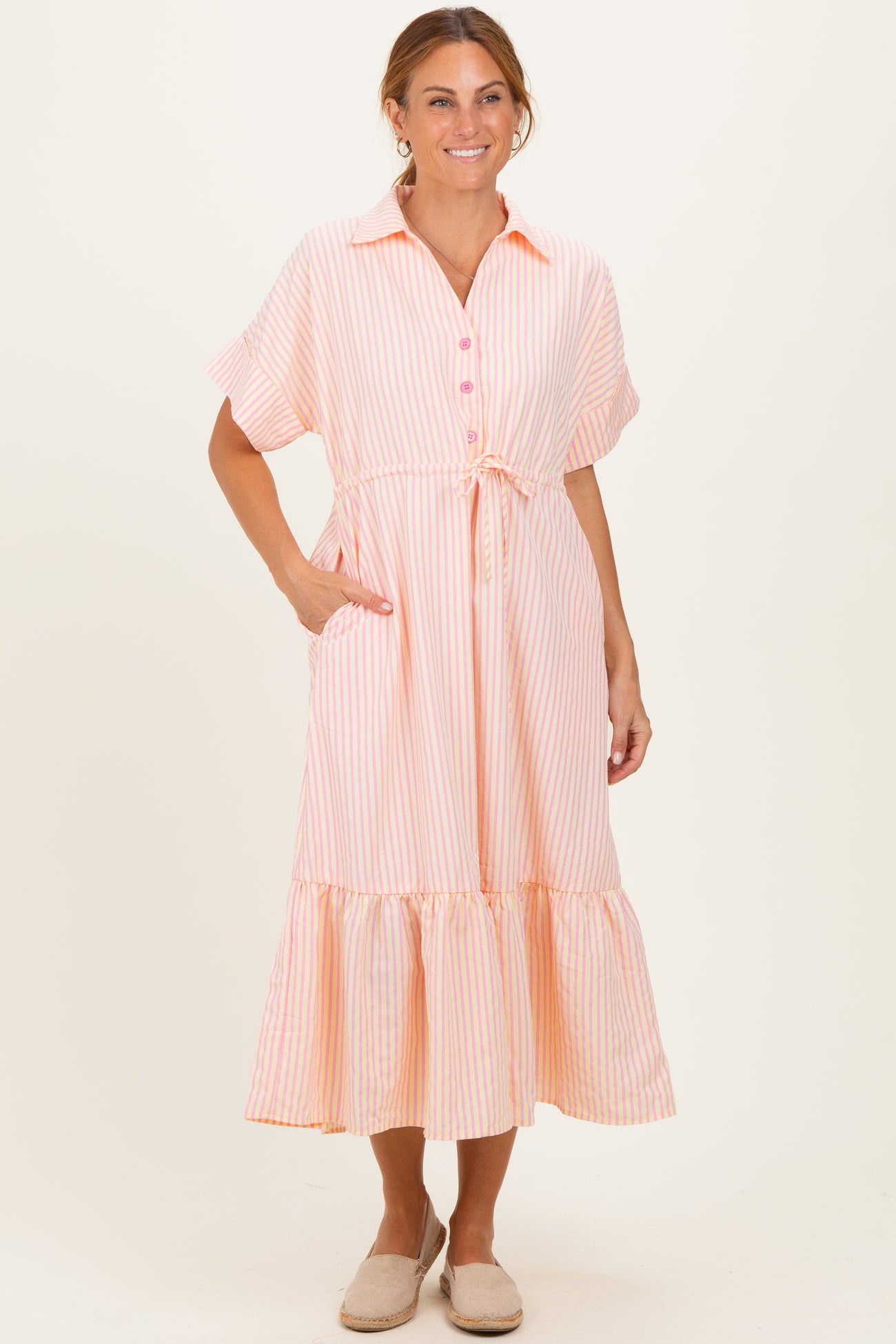Yellow Striped Button Collared Midi Dress