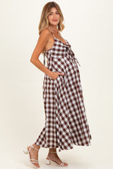 Chocolate Gingham Tie Front Racerback Maternity Midi Dress