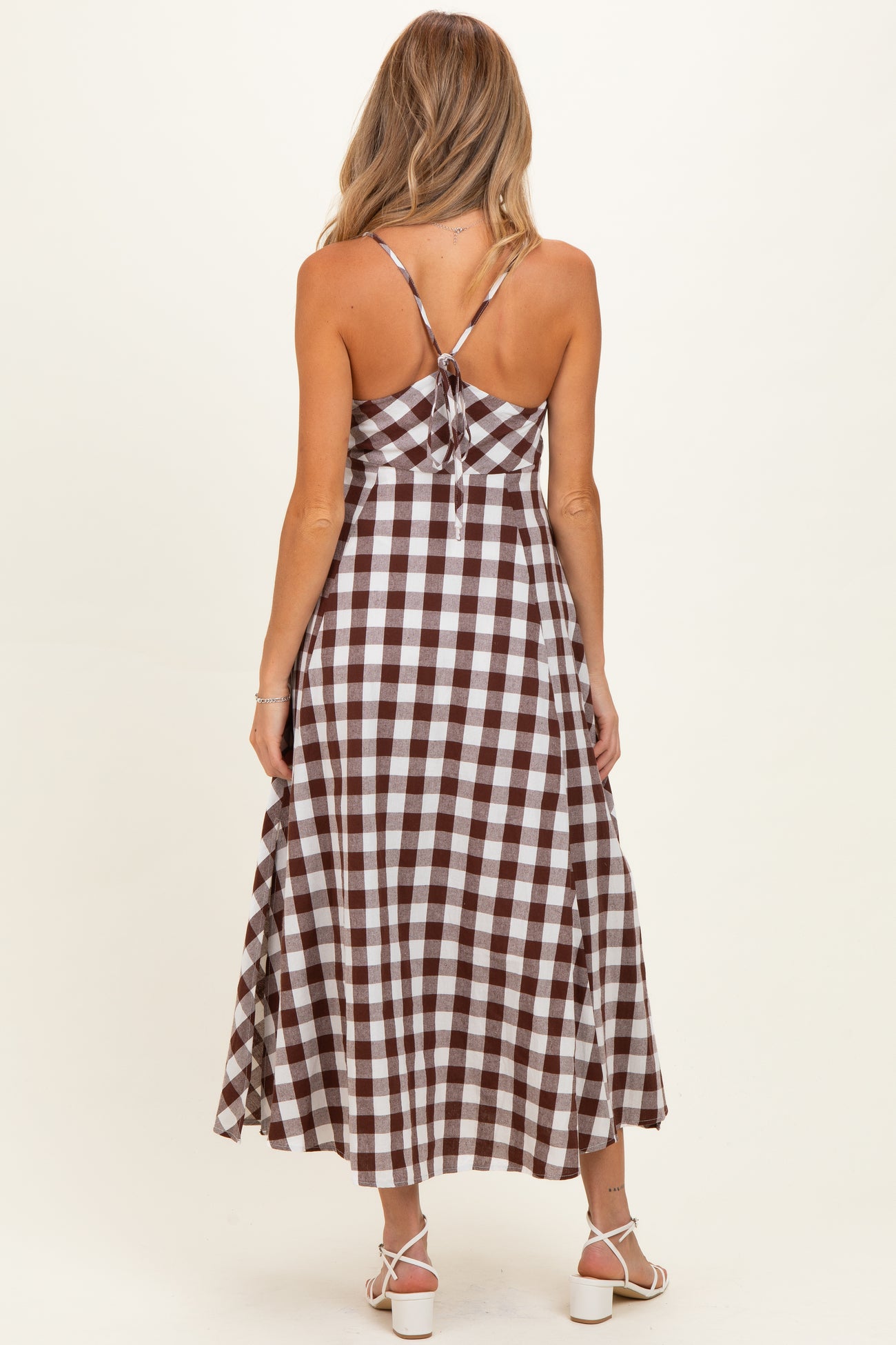 Chocolate Gingham Tie Front Racerback Maternity Midi Dress