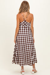 Chocolate Gingham Tie Front Racerback Maternity Midi Dress