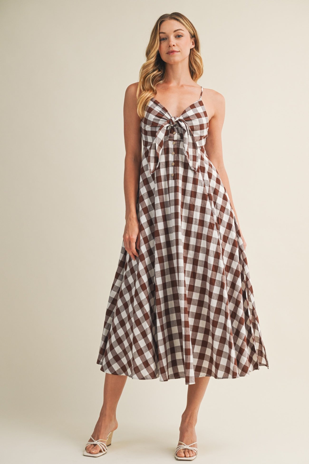 Chocolate Gingham Tie Front Racerback Maternity Midi Dress