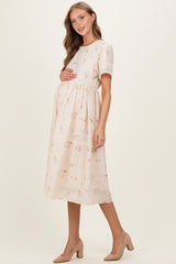 Beige Floral Embroidered Short Sleeve Maternity Midi Dress