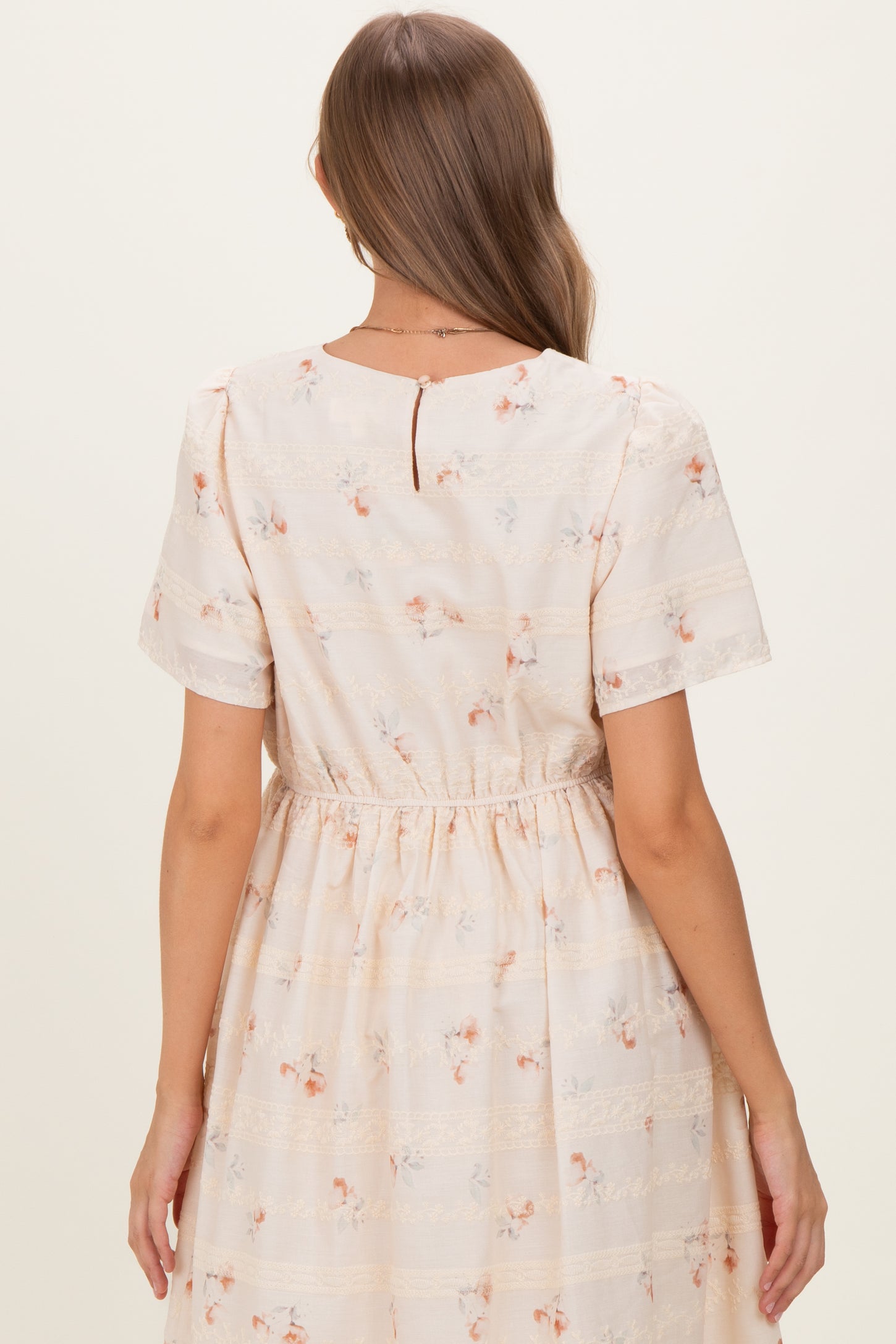 Beige Floral Embroidered Short Sleeve Maternity Midi Dress