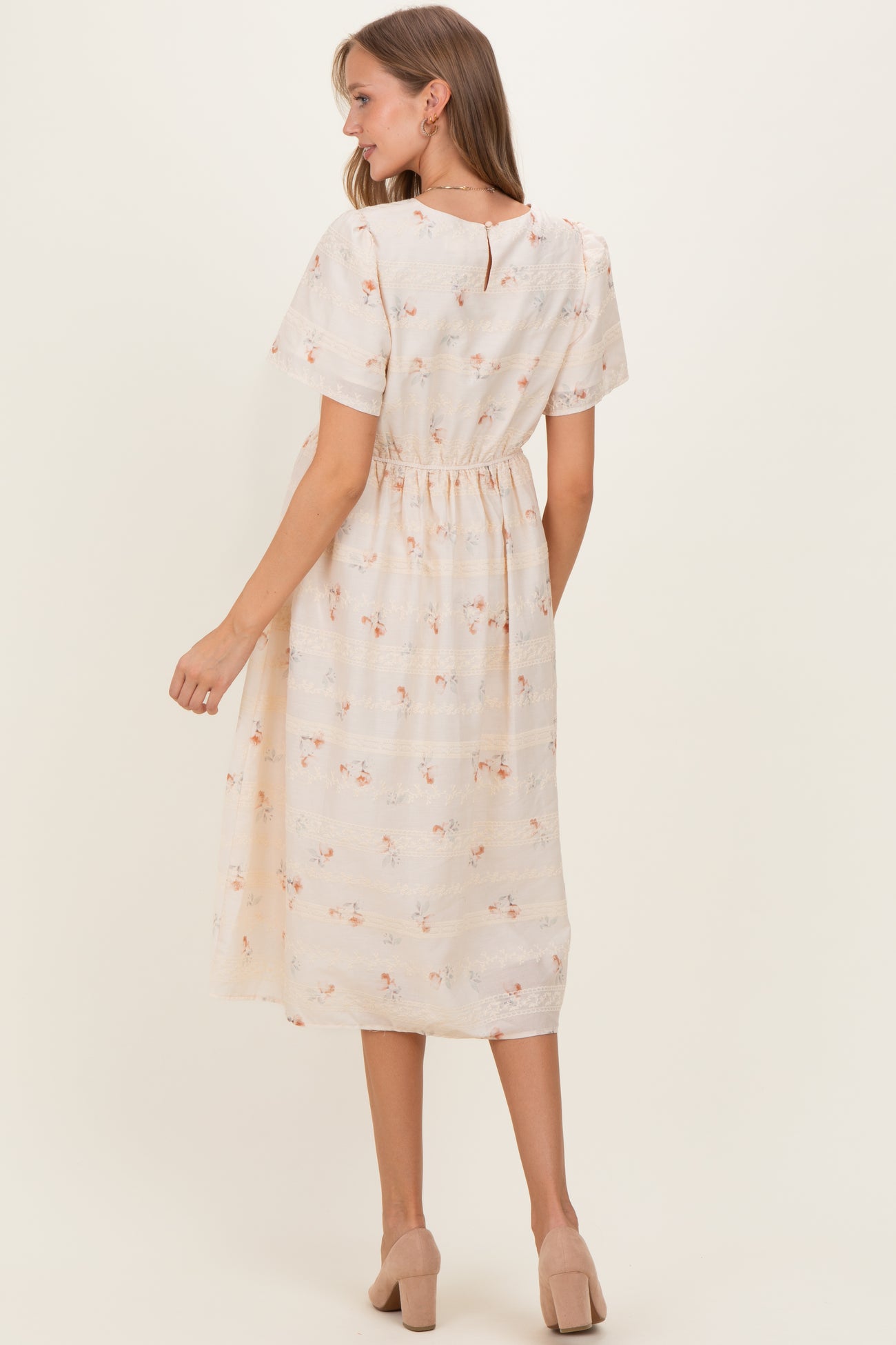 Beige Floral Embroidered Short Sleeve Maternity Midi Dress