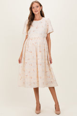Beige Floral Embroidered Short Sleeve Maternity Midi Dress
