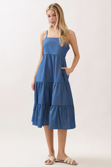 Dark Blue Tiered Sleeveless Maternity Midi Dress