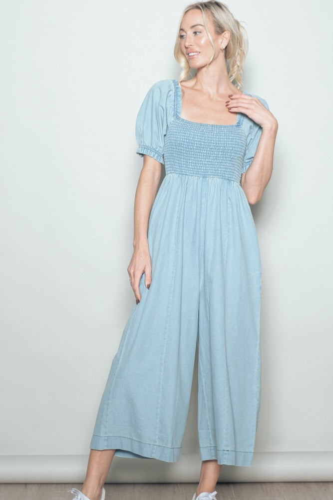 Light Blue Chambray Puff Sleeve Wide Leg Maternity Jumpsuit