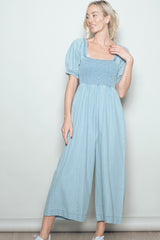 Light Blue Chambray Puff Sleeve Wide Leg Maternity Jumpsuit