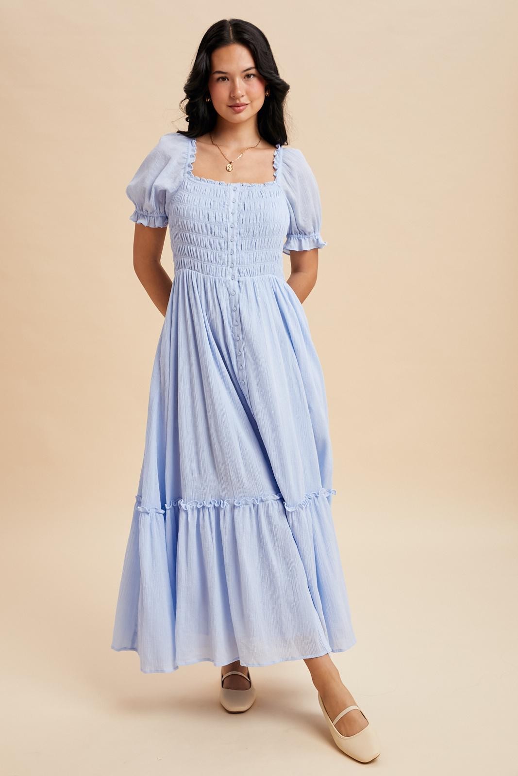 Light Blue Smocked Button Down Maxi Dress