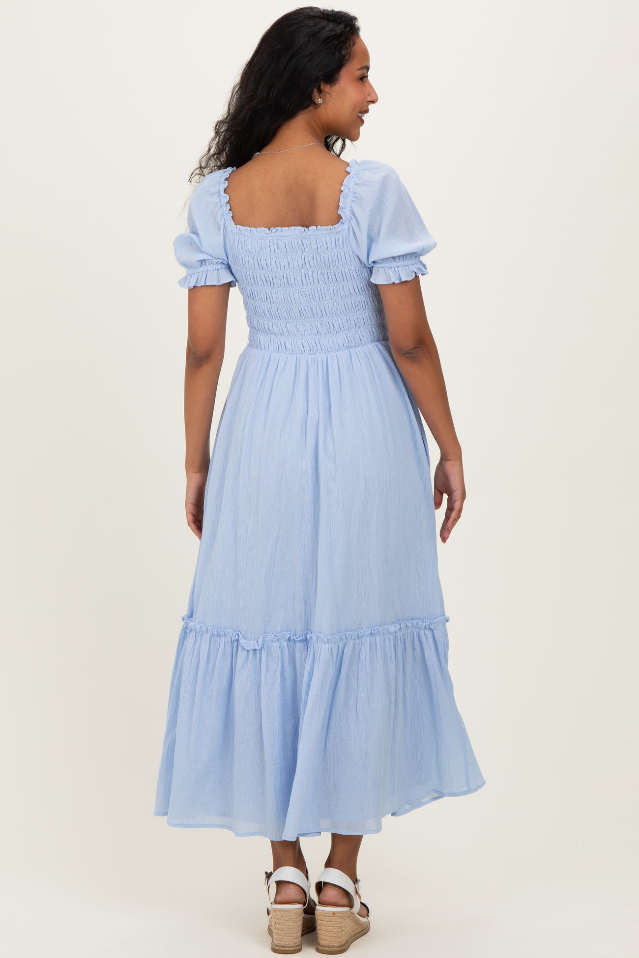 Light Blue Smocked Button Down Maternity Maxi Dress
