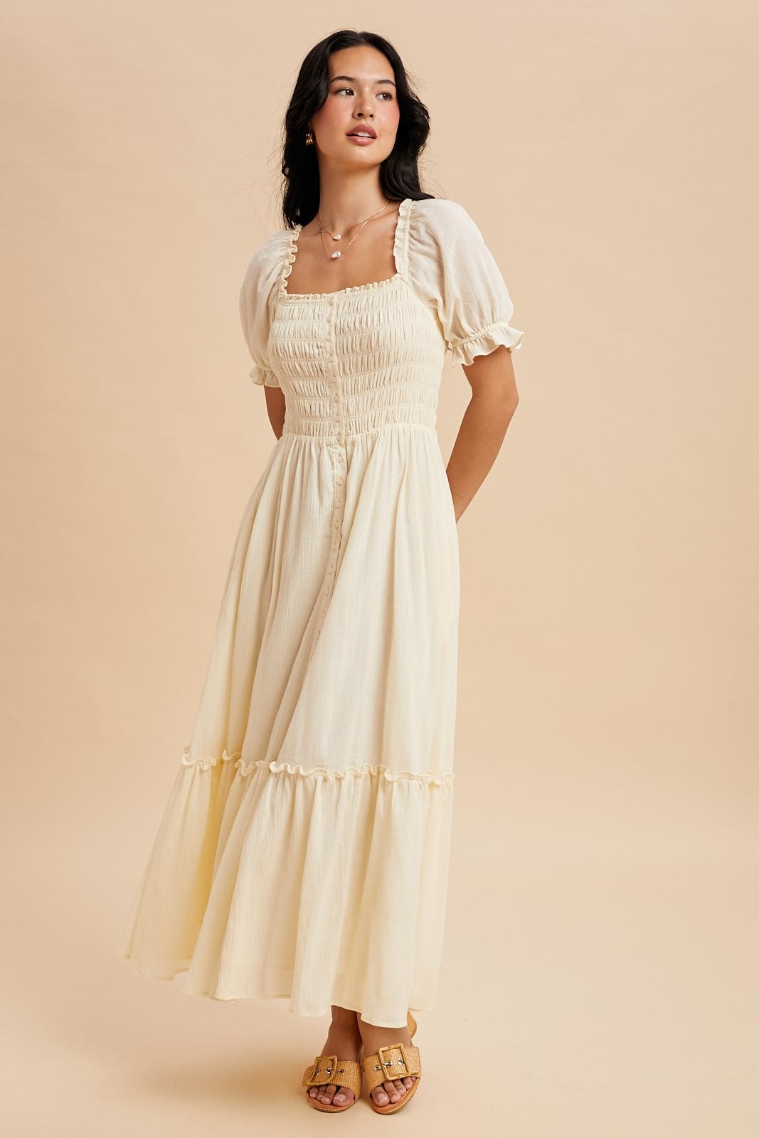 Light Yellow Smocked Button Down Maxi Dress
