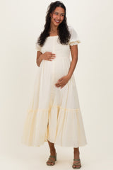 Light Yellow Smocked Button Down Maternity Maxi Dress
