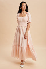 Light Pink Smocked Button Down Maternity Maxi Dress