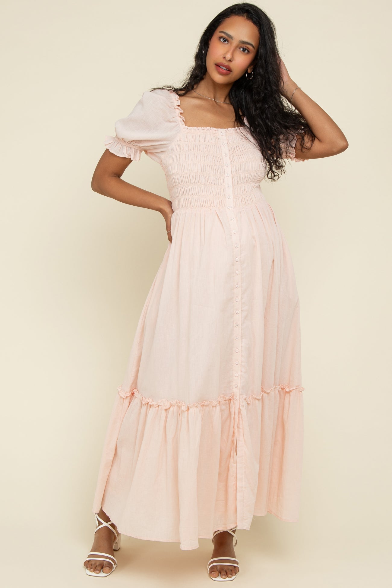 Light Pink Smocked Button Down Maternity Maxi Dress