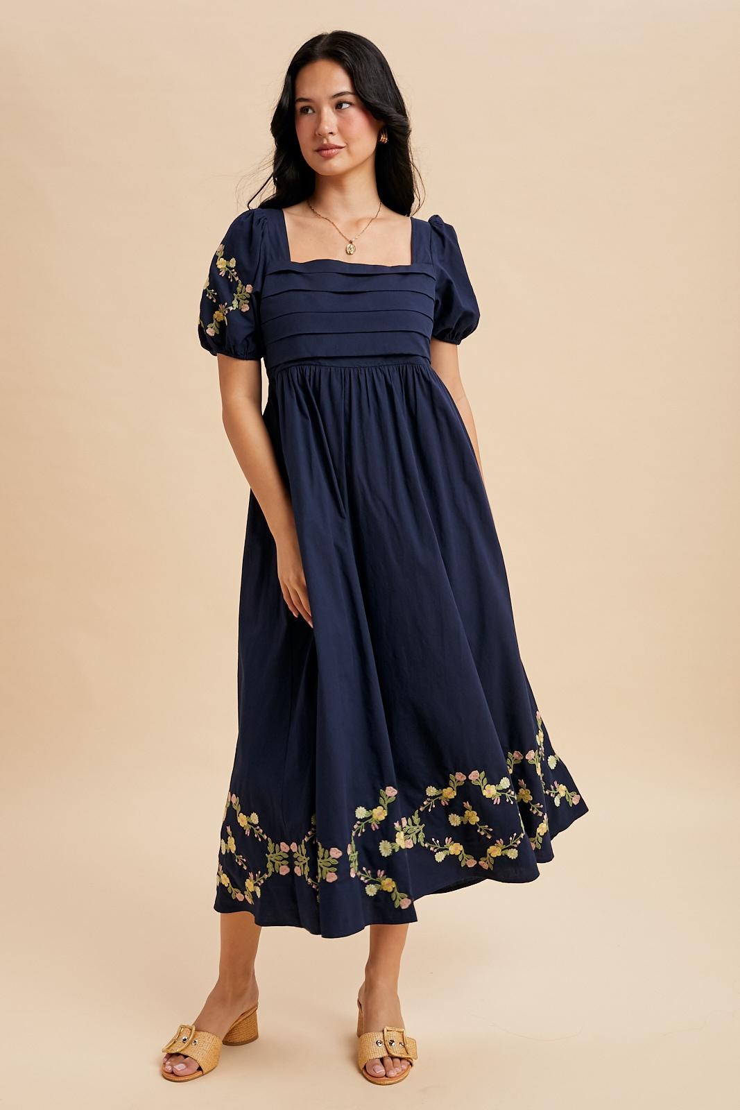 Navy Embroidered Floral Pleated Bodice Maxi Dress