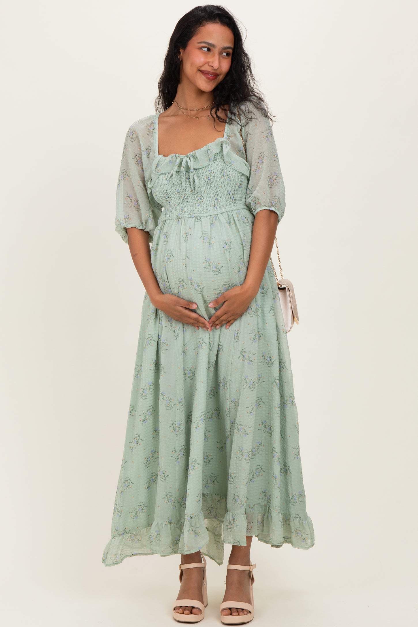 Sage Floral Chiffon Smocked Ruffle Maternity Maxi Dress