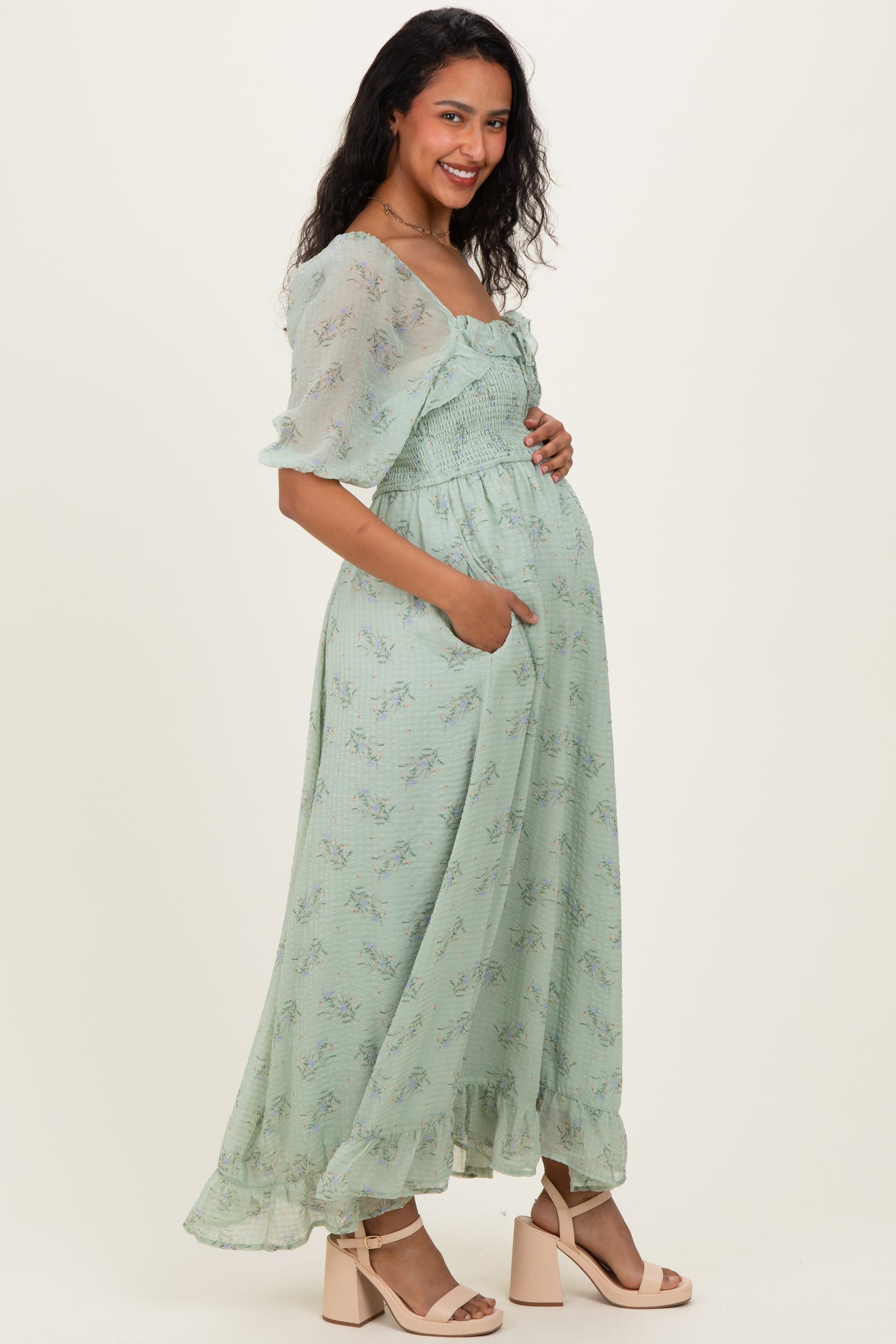 Sage Floral Chiffon Smocked Ruffle Maternity Maxi Dress