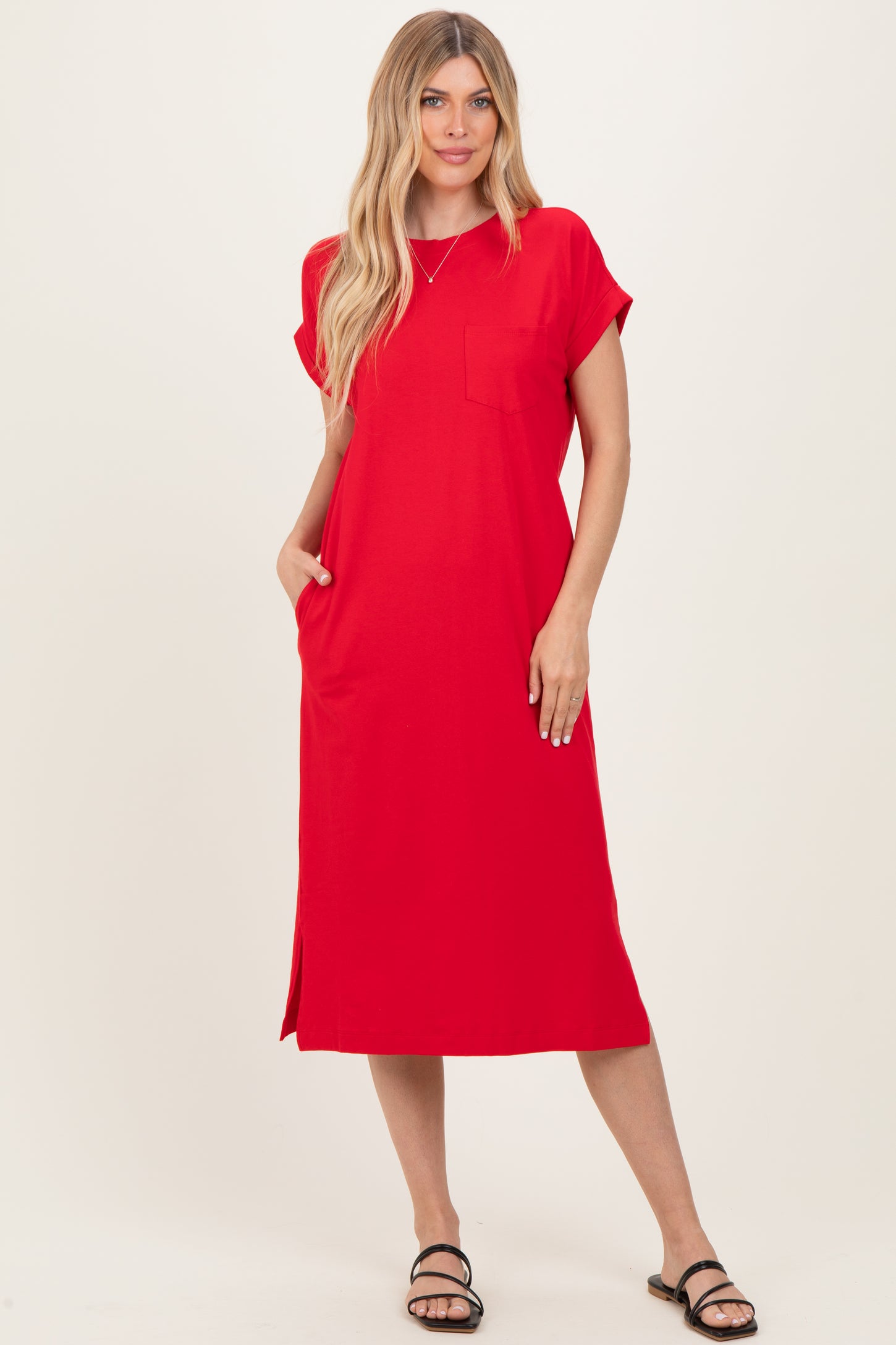 Red Pocket Front Maternity Midi T-Shirt Dress