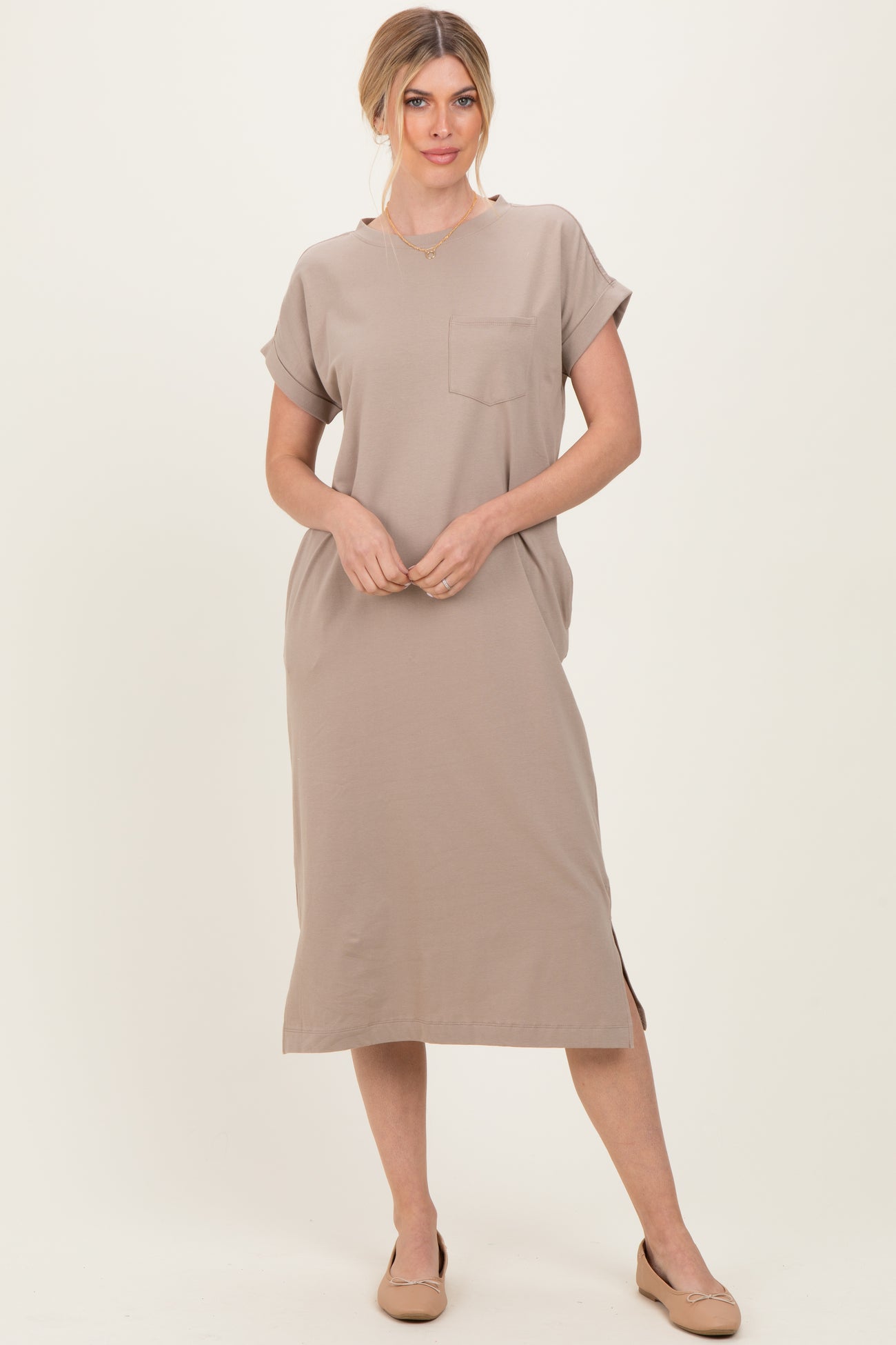 Beige Pocket Front Maternity Midi T-Shirt Dress