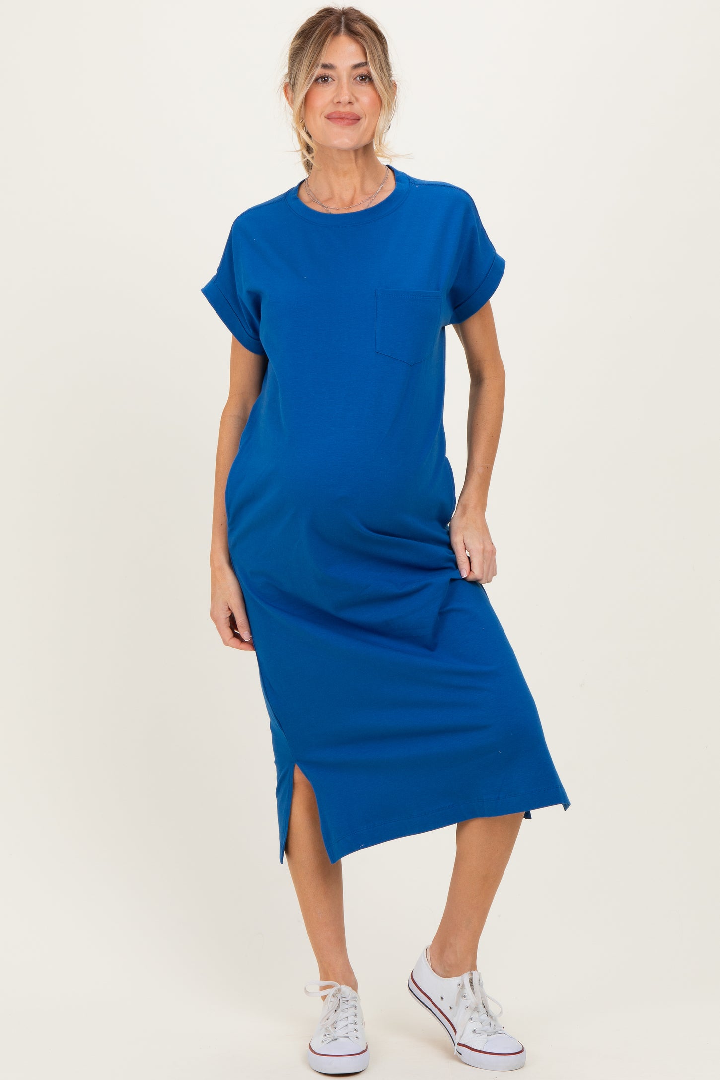 Royal Blue Pocket Front Maternity Midi T-Shirt Dress