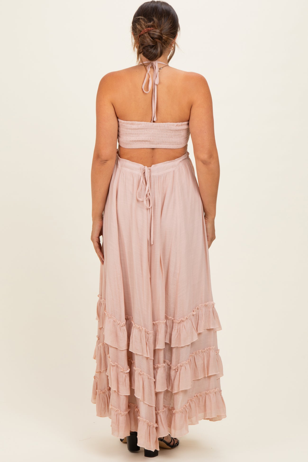 Blush Halter Smocked Ruffle Tier Hem Maternity Maxi Dress