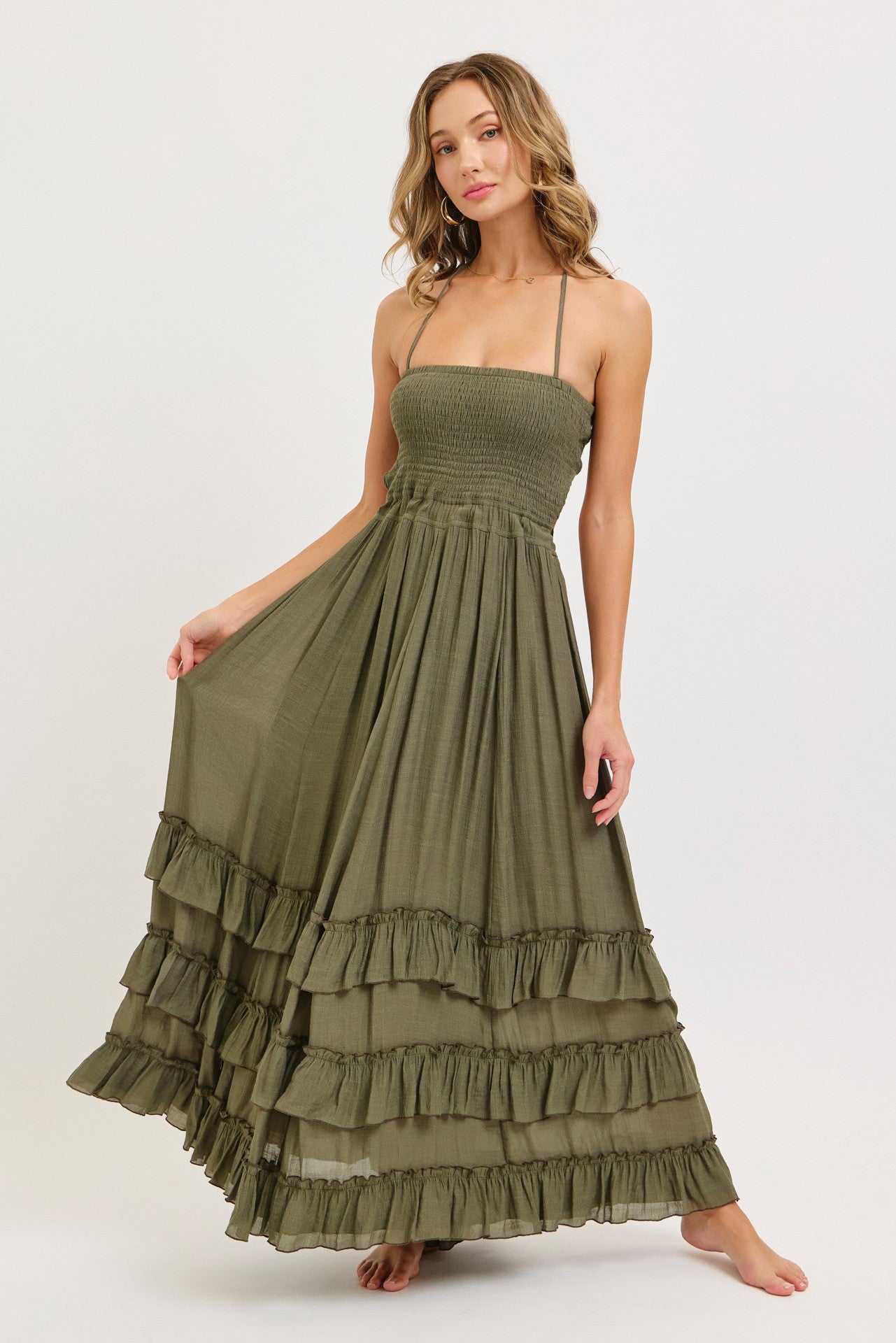 Olive Halter Smocked Ruffle Tier Hem Maternity Maxi Dress