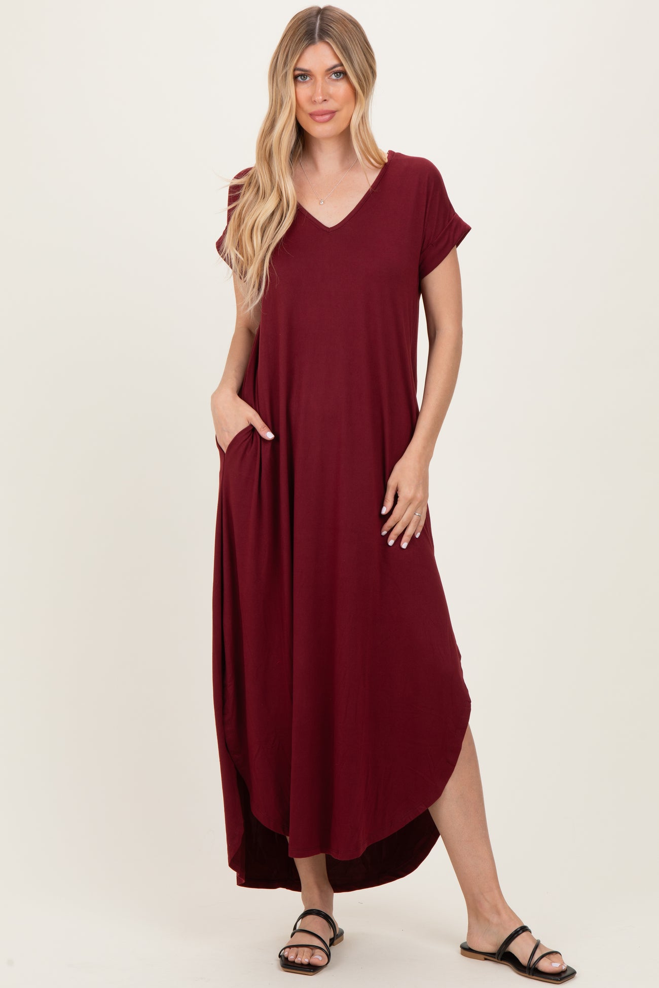 Dark Wine Side Slit Maternity Maxi Dress