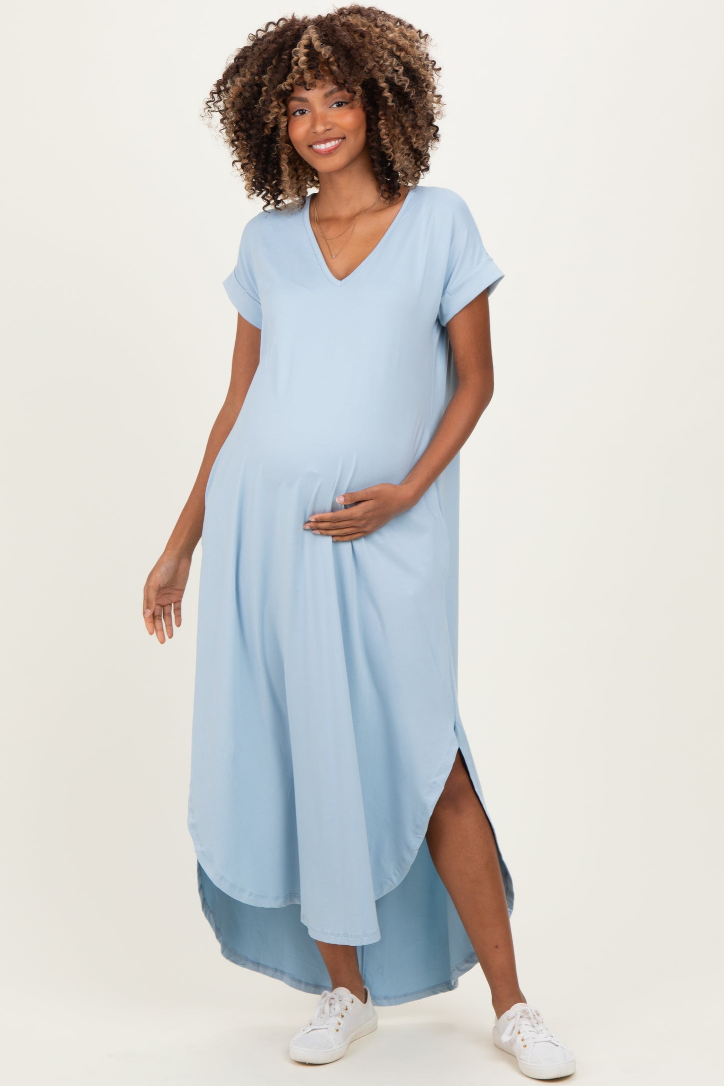 Jade Blue Side Slit Maternity Maxi Dress