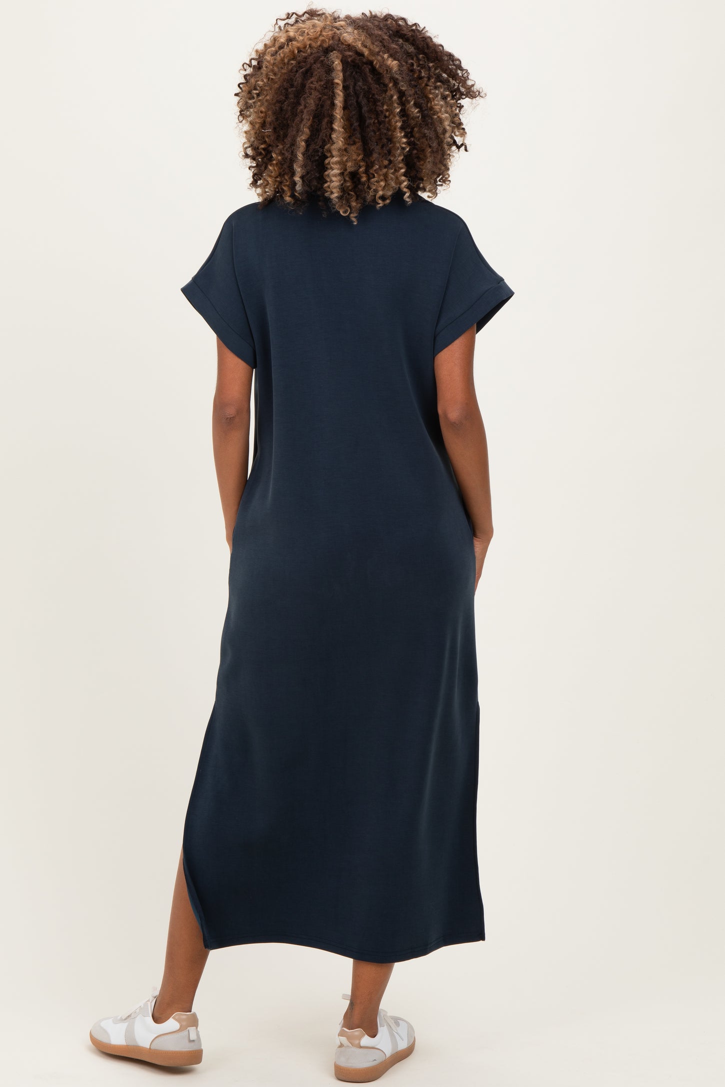 Navy Collared Short Sleeve Maternity Midi Dress