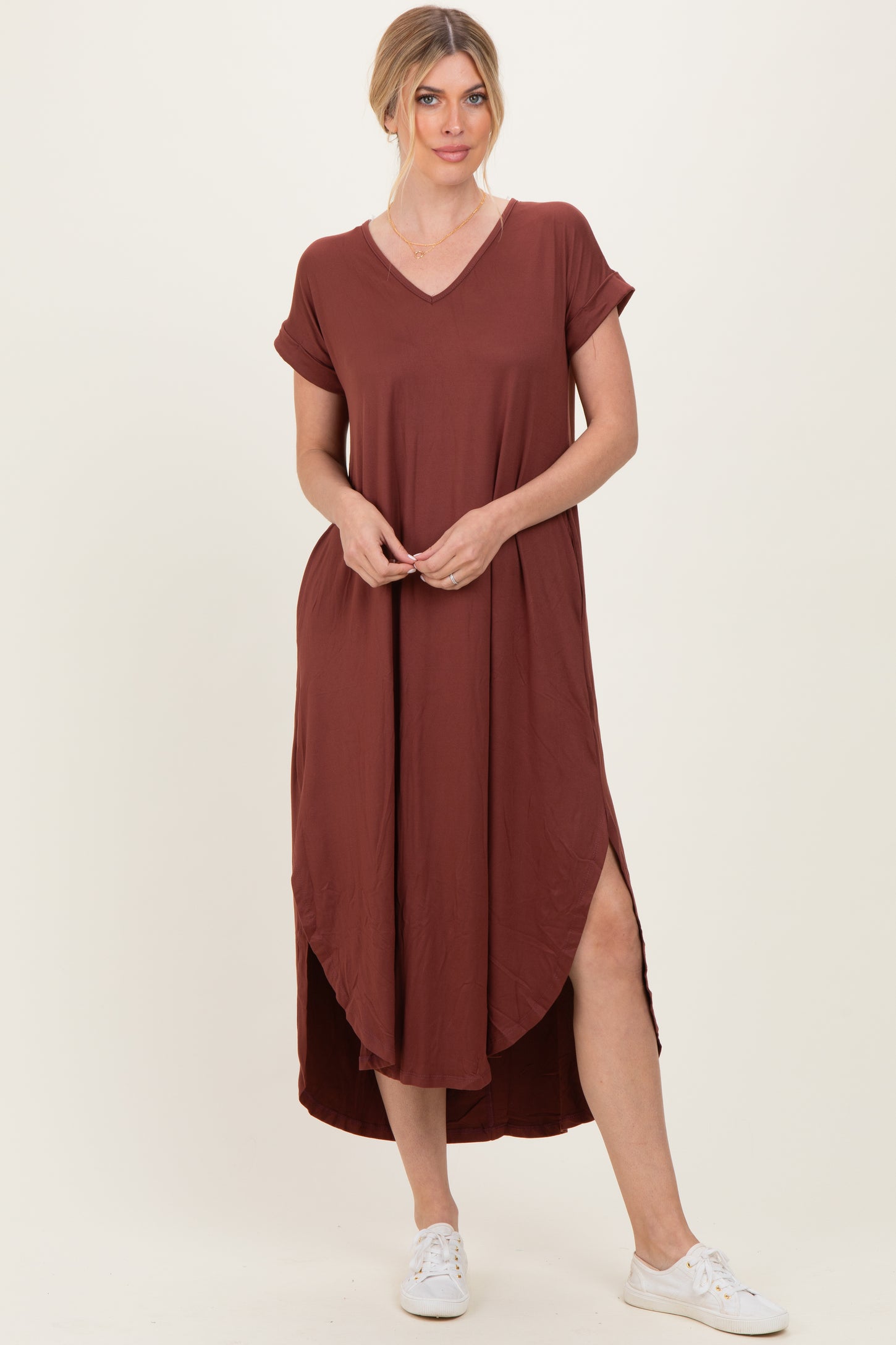 Chocolate Side Slit Maternity Maxi Dress