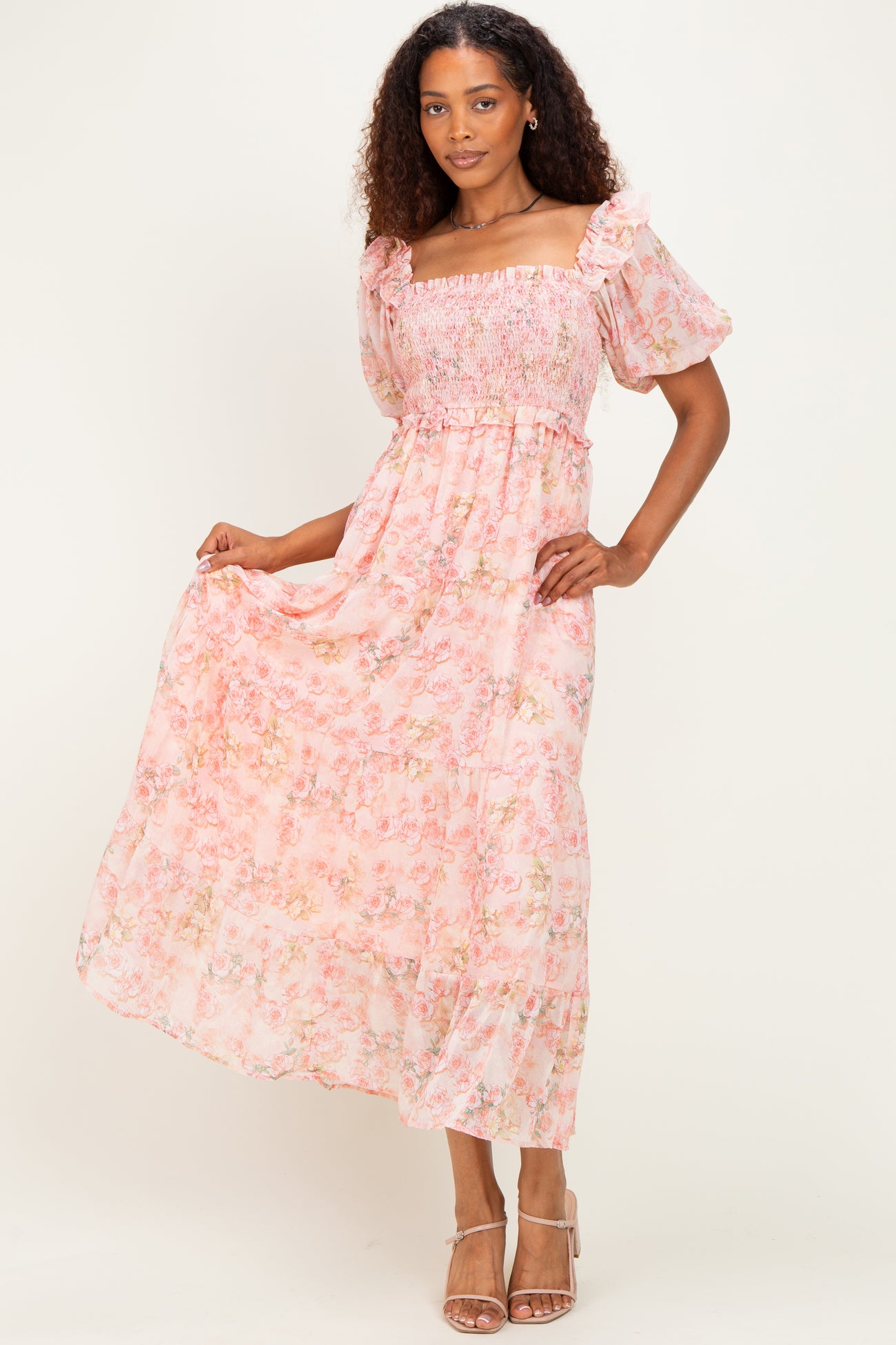Pink Floral Chiffon Smocked Maternity Maxi Dress