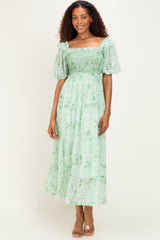 Mint Floral Chiffon Smocked Maternity Maxi Dress