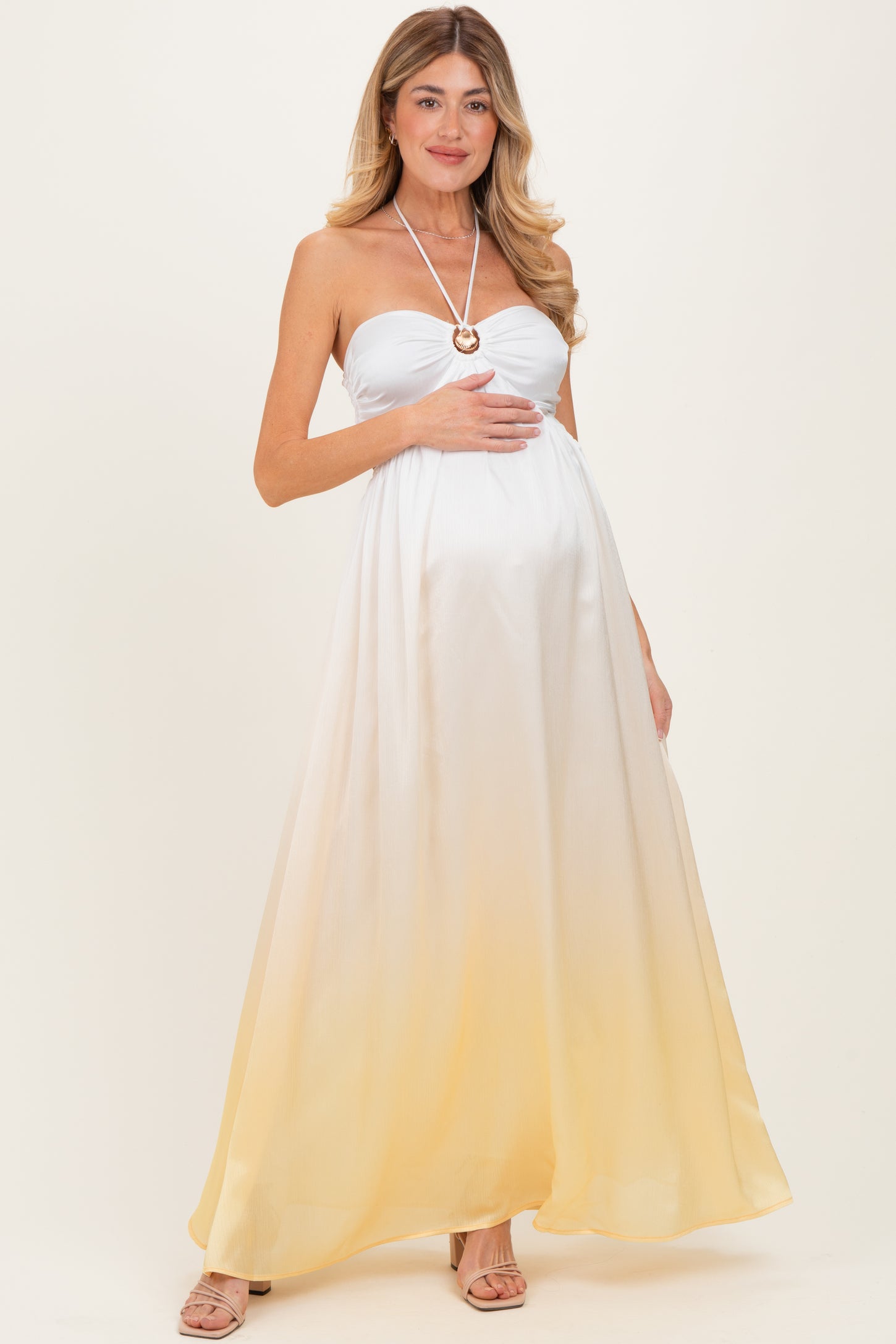 Yellow Ombre Satin Halter Cutout Maternity Maxi Dress