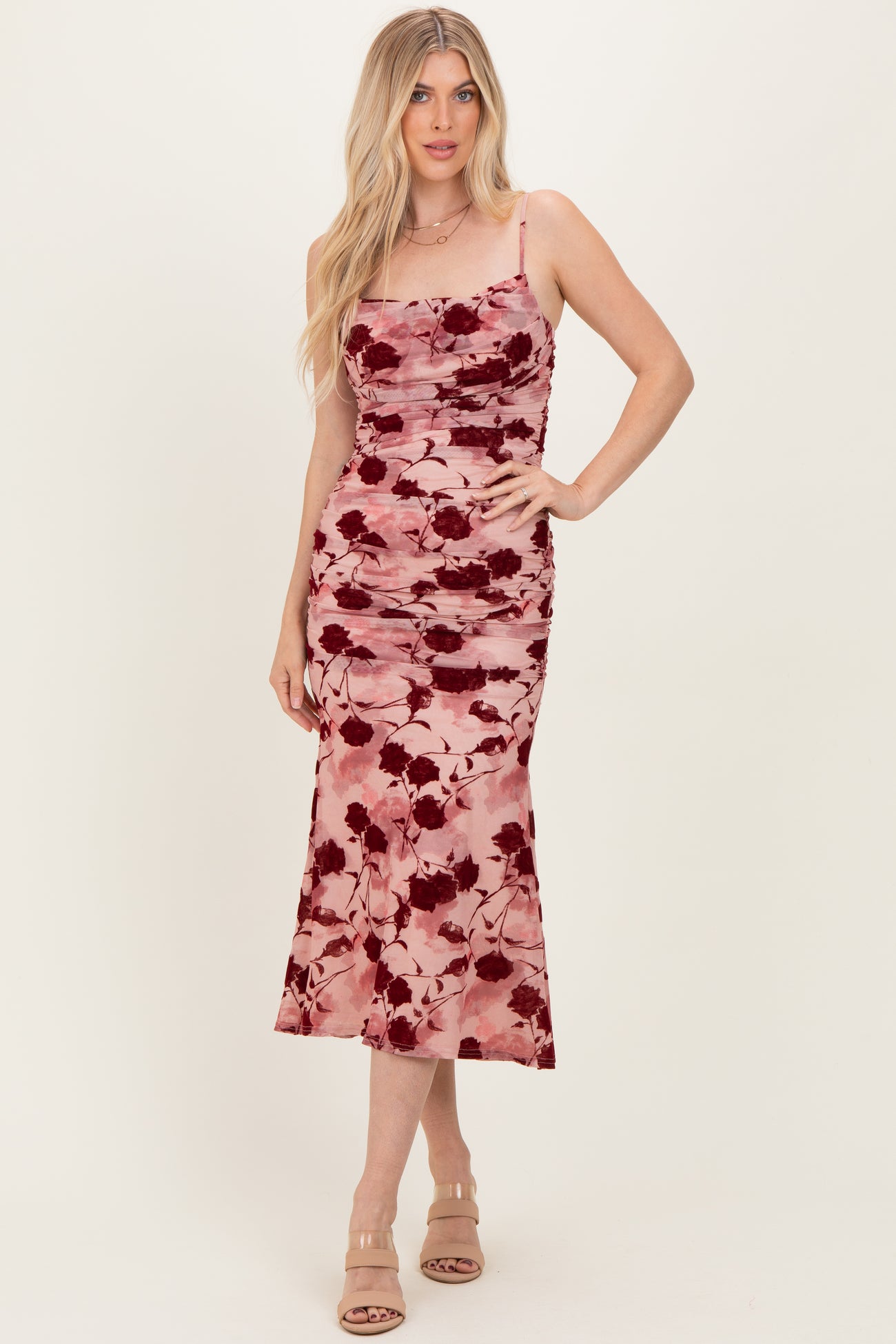 Pink Rose Floral Mesh Ruched Maternity Midi Dress