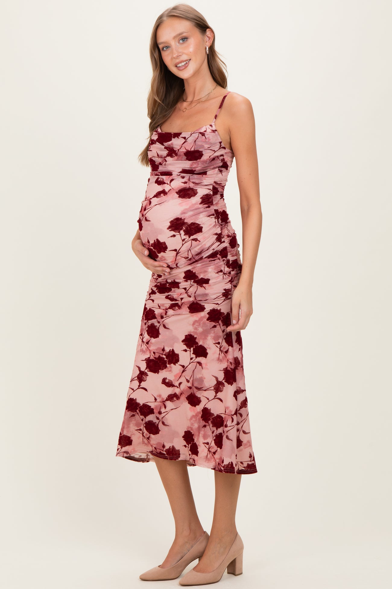 Pink Rose Floral Mesh Ruched Maternity Midi Dress
