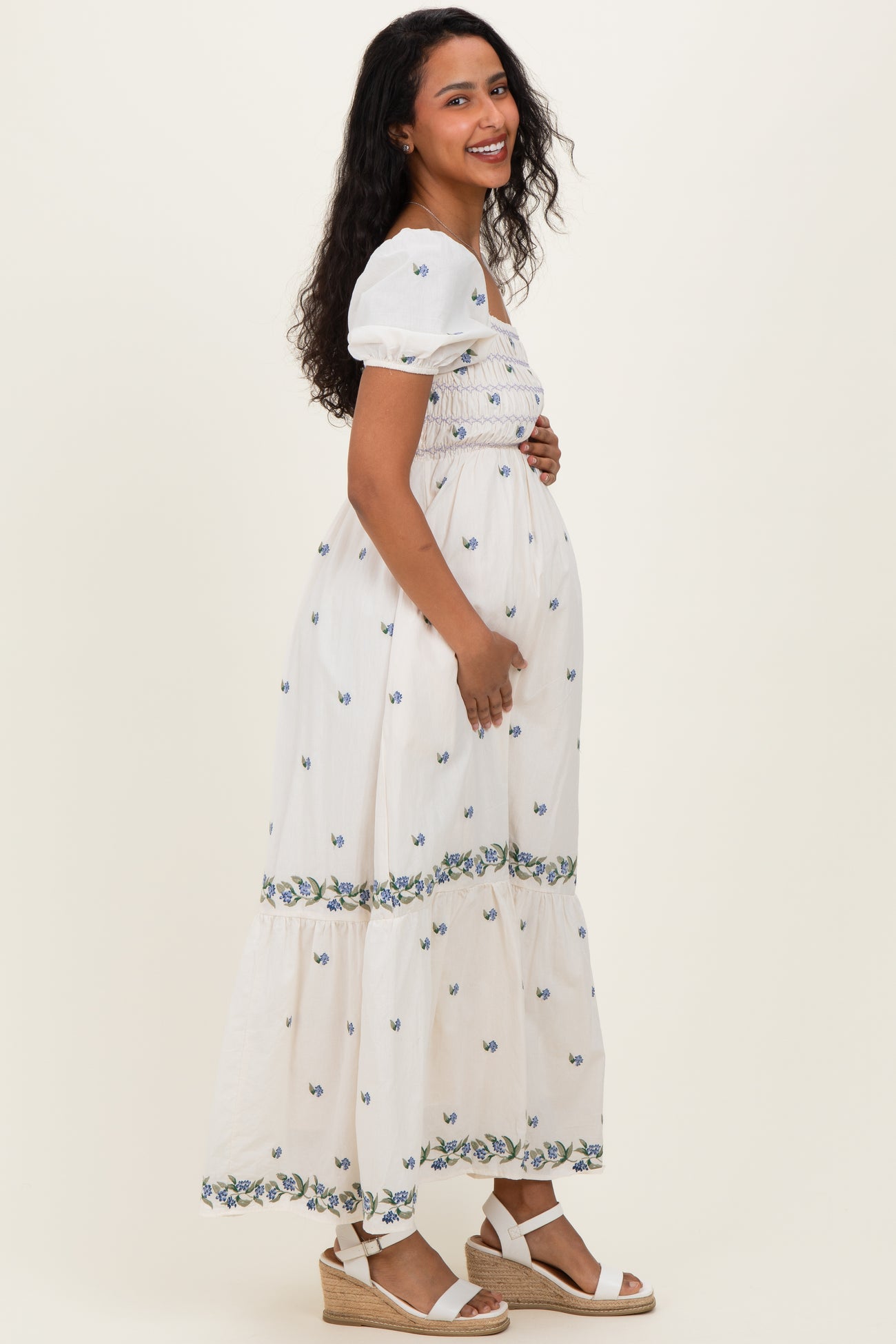 Buttercream Smocked Embroidered Floral Maternity Maxi Dress