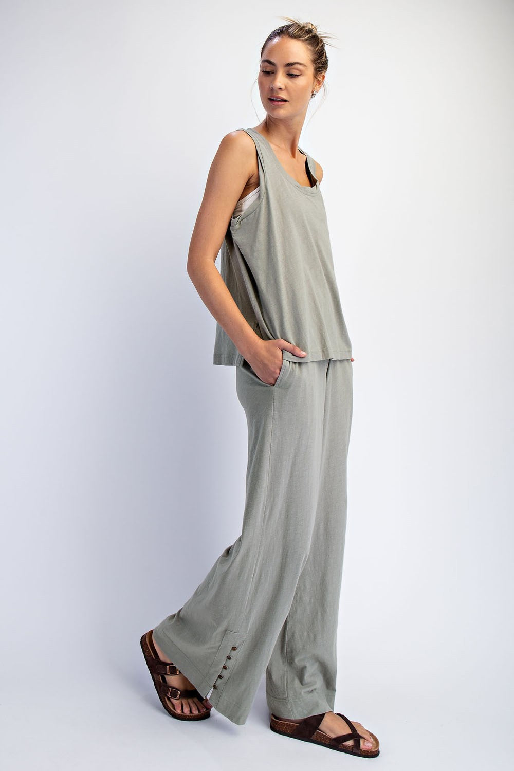 Sage Button Detail Tank Wide Leg Pant Maternity Set