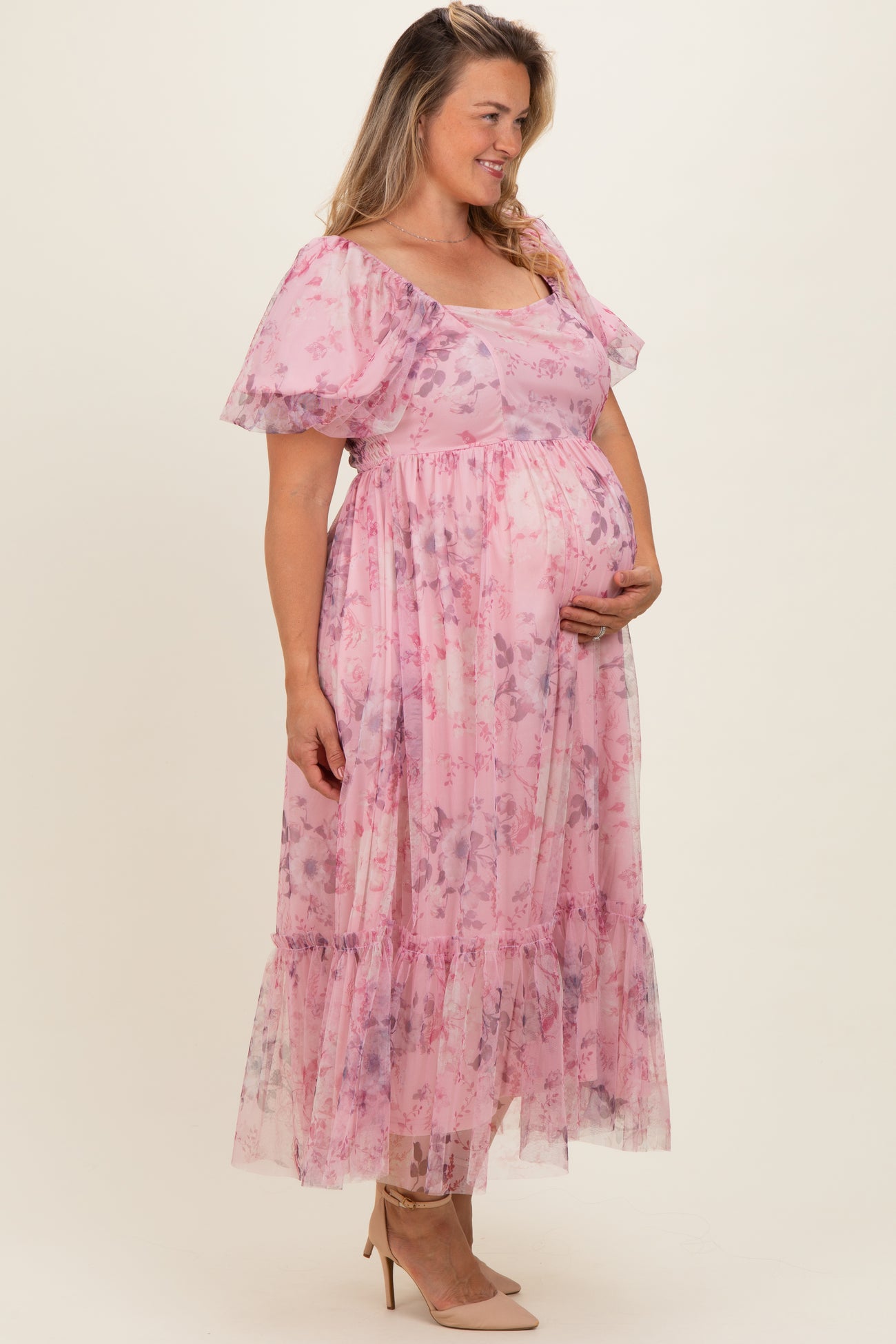Pink Floral Printed Tulle Puff Sleeve Maternity Plus Midi Dress
