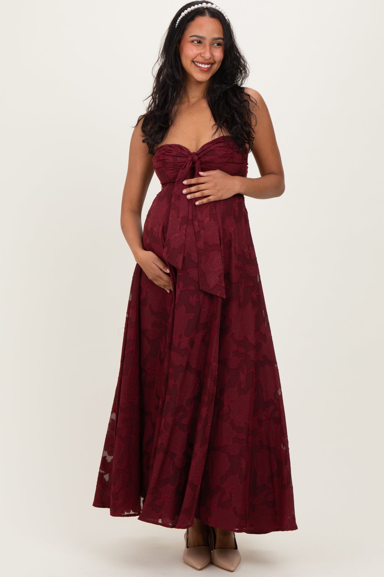 Wine Floral Jacquard Strapless Open Back Maternity Maxi Dress