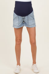 Light Denim Pull On Patch Pocket Maternity Denim Shorts
