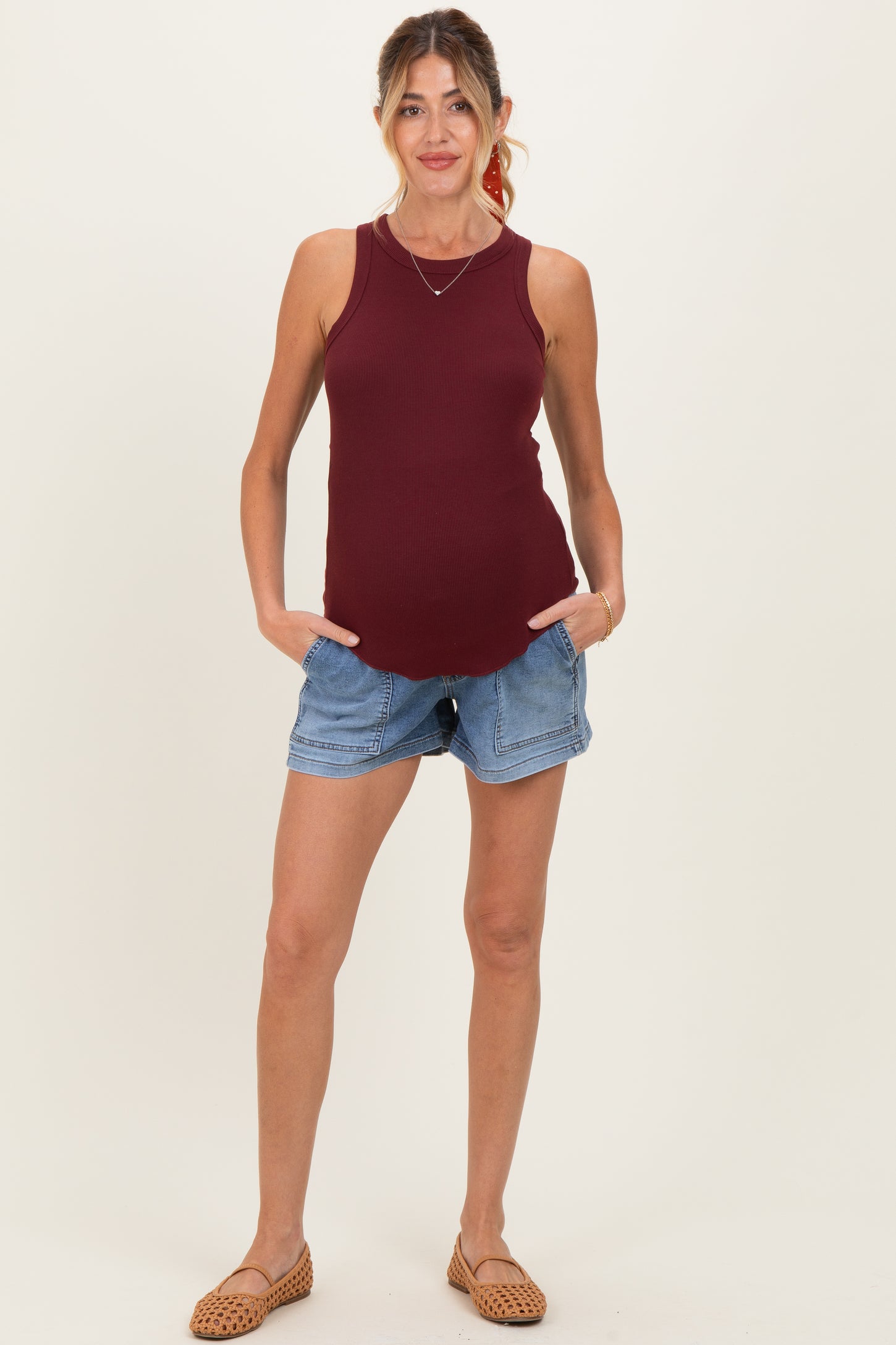 Medium Denim Pull On Patch Pocket Maternity Denim Shorts
