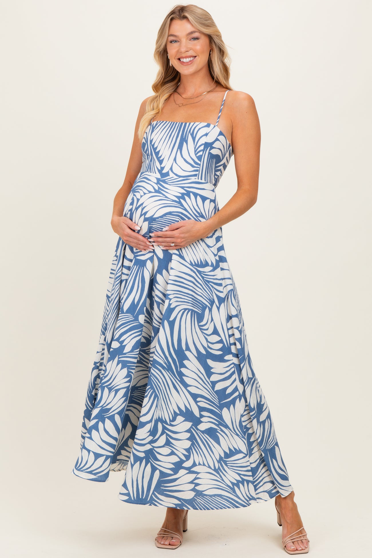 Blue Printed Linen A-Line Maternity Midi Dress