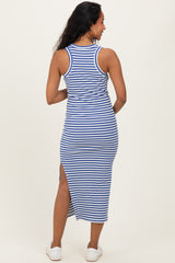 woman wearing a blue and white striped maternity maxi dress with a side slit, showing her baby bump from the back