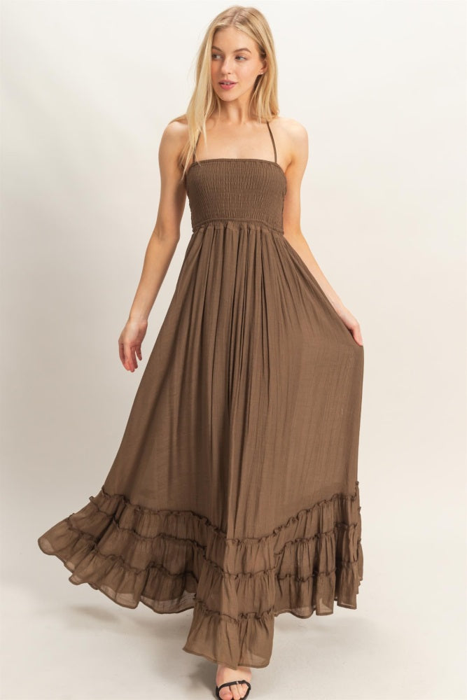 Chocolate Smocked Halter Open Back Maternity Maxi Dress