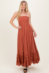 Rust Smocked Halter Open Back Maternity Maxi Dress