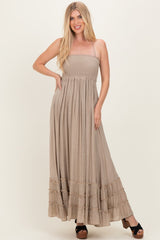 Beige Smocked Halter Open Back Maternity Maxi Dress