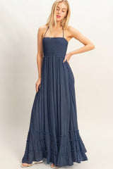 Navy Smocked Halter Open Back Maternity Maxi Dress