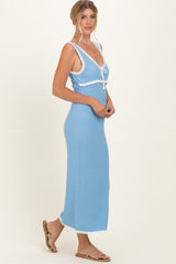 Light Blue Knit Sleeveless Contrast Trim Maxi Dress